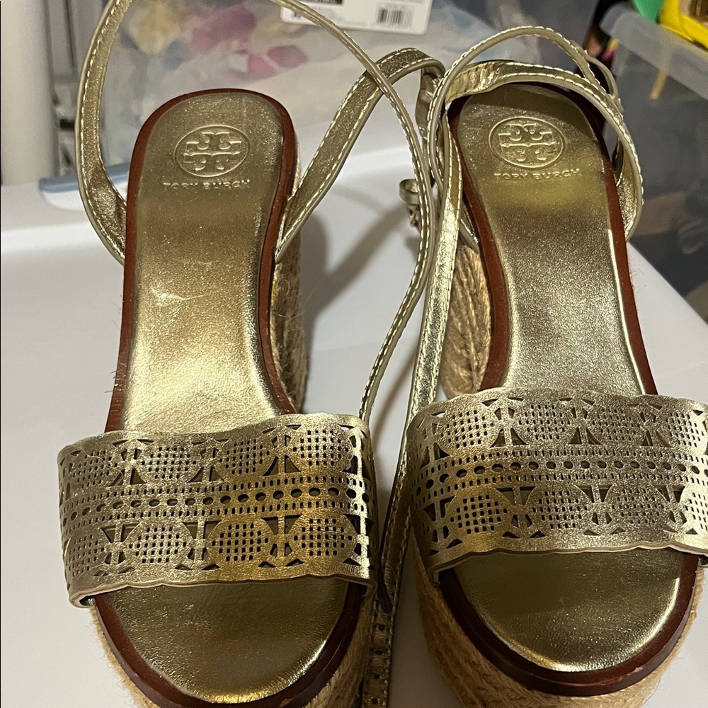 Tory Burch Metallic Gold Espadrille Wedges